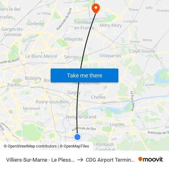 Villiers-Sur-Marne - Le Plessis-Trévise RER to CDG Airport Terminal 2E Hall L map