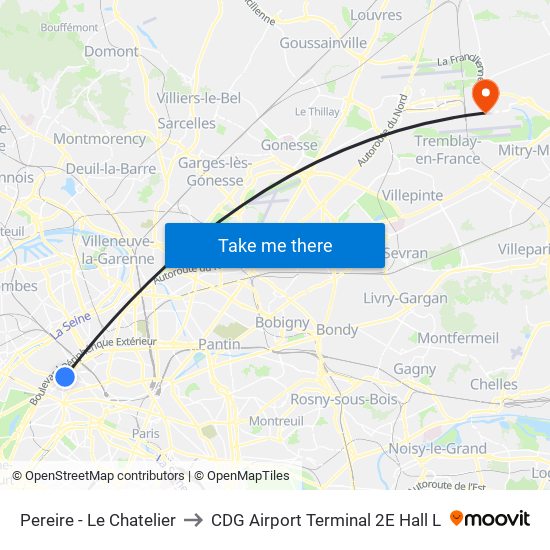Pereire - Le Chatelier to CDG Airport Terminal 2E Hall L map
