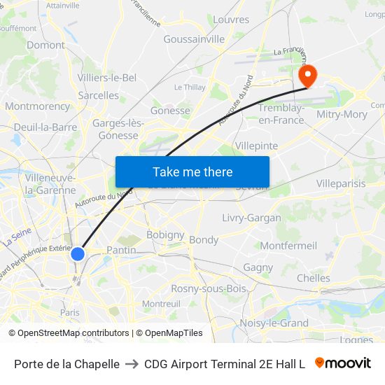 Porte de la Chapelle to CDG Airport Terminal 2E Hall L map