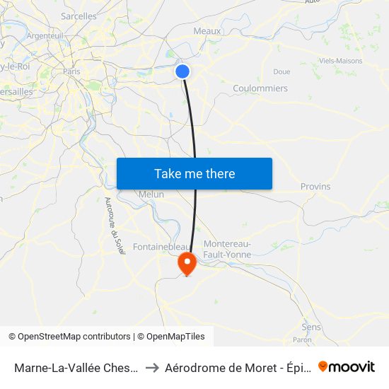 Marne-La-Vallée Chessy to Aérodrome de Moret - Épisy map