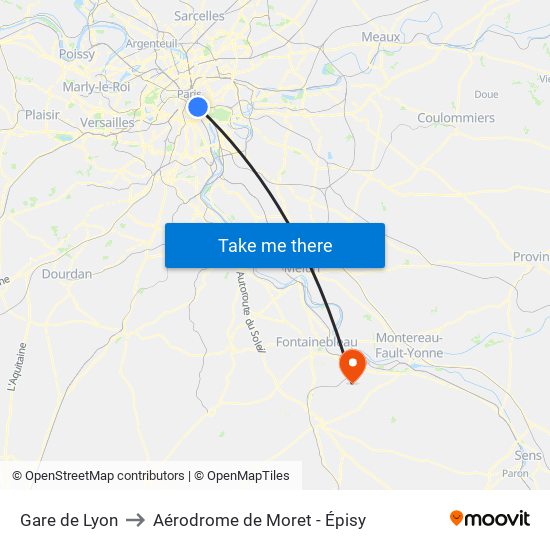 Gare de Lyon to Aérodrome de Moret - Épisy map