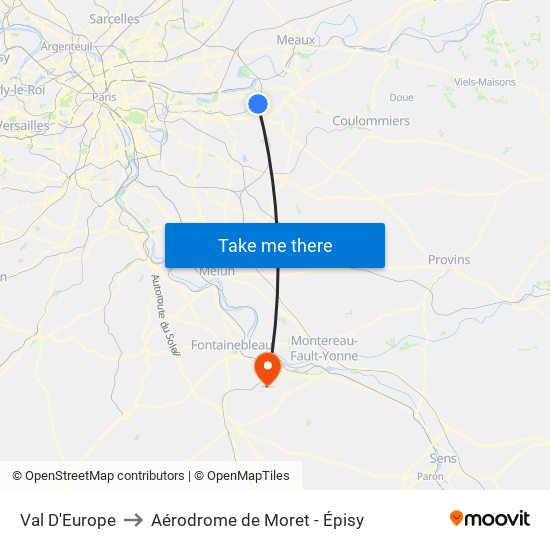 Val D'Europe to Aérodrome de Moret - Épisy map