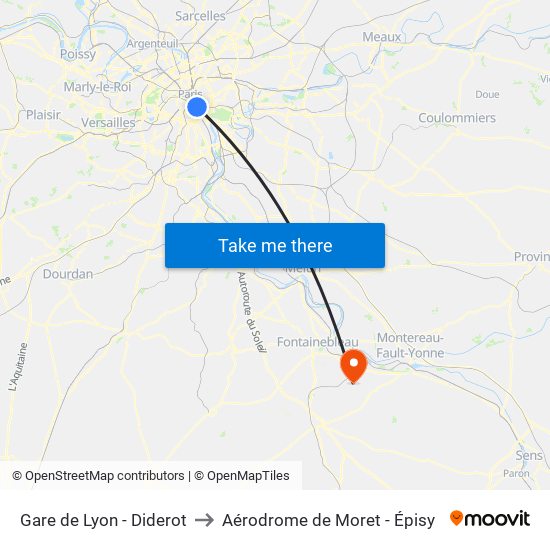 Gare de Lyon - Diderot to Aérodrome de Moret - Épisy map