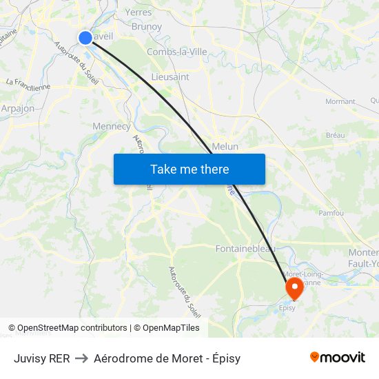 Juvisy RER to Aérodrome de Moret - Épisy map