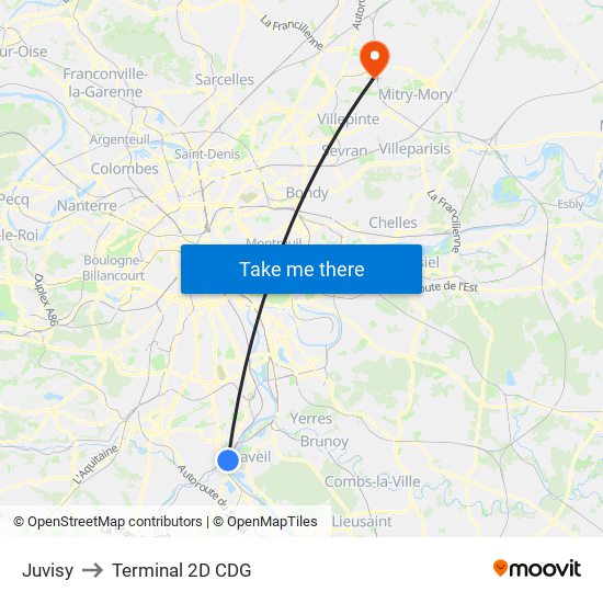 Juvisy to Terminal 2D CDG map