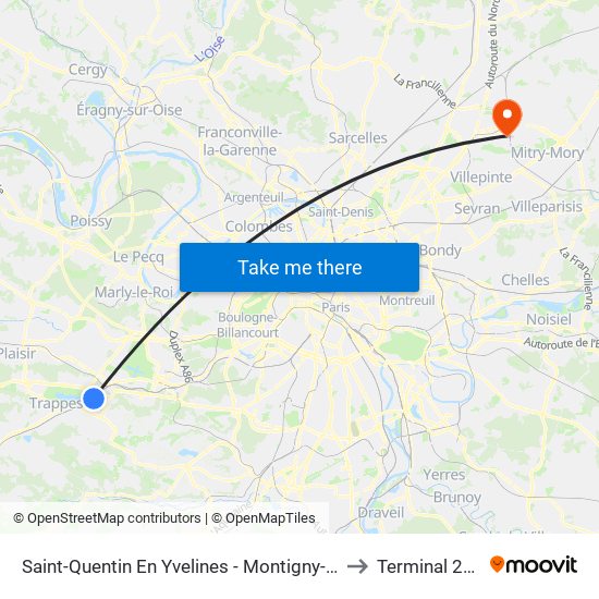 Saint-Quentin En Yvelines - Montigny-Le-Bretonneux to Terminal 2D CDG map