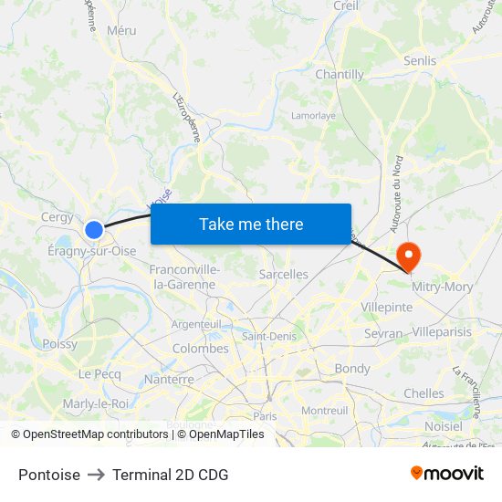 Pontoise to Terminal 2D CDG map