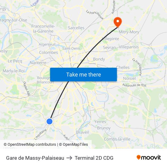 Gare de Massy-Palaiseau to Terminal 2D CDG map