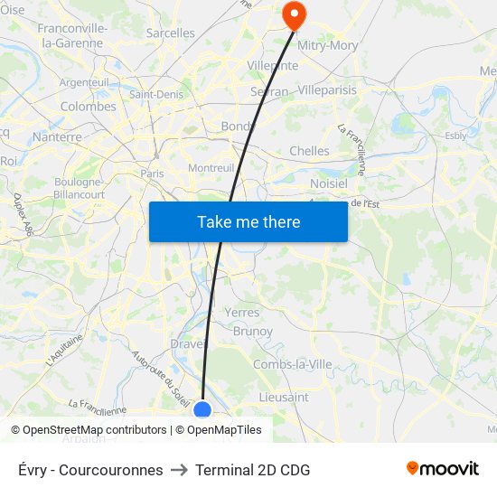 Évry - Courcouronnes to Terminal 2D CDG map