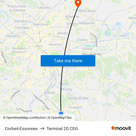 Corbeil-Essonnes to Terminal 2D CDG map