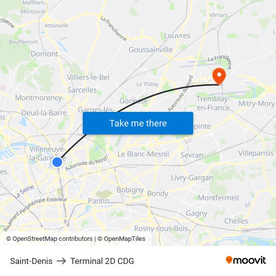 Saint-Denis to Terminal 2D CDG map