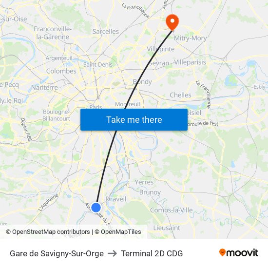Gare de Savigny-Sur-Orge to Terminal 2D CDG map