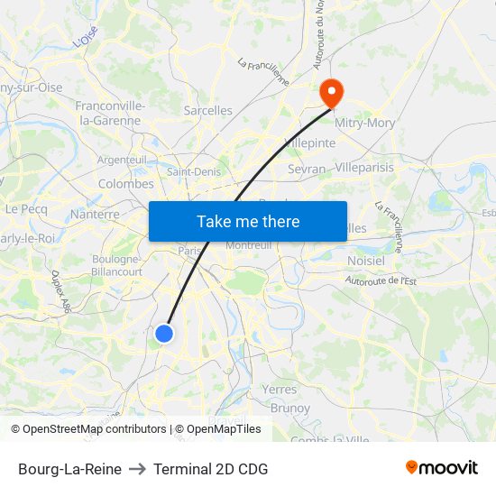 Bourg-La-Reine to Terminal 2D CDG map