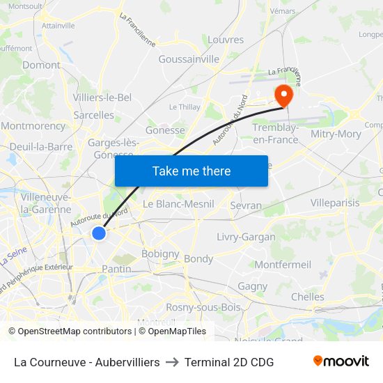 La Courneuve - Aubervilliers to Terminal 2D CDG map