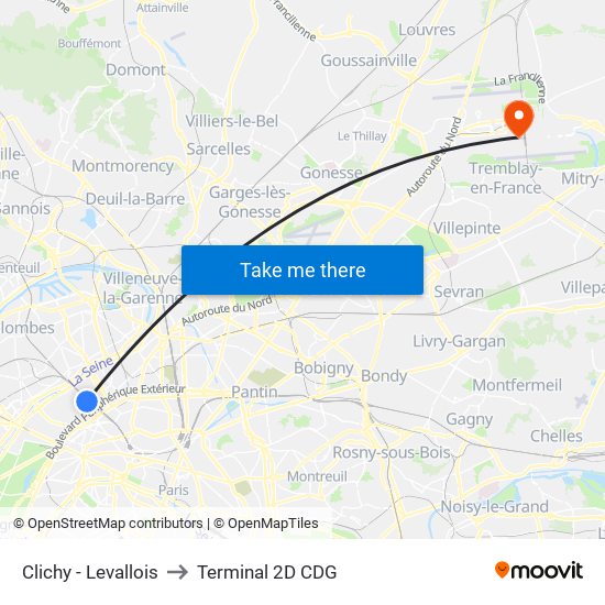 Clichy - Levallois to Terminal 2D CDG map