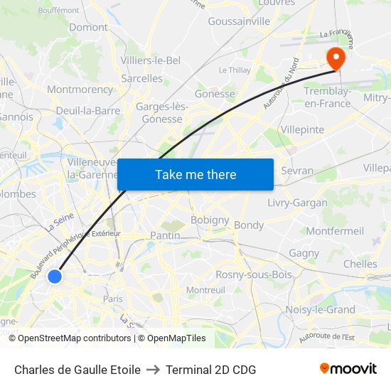 Charles de Gaulle Etoile to Terminal 2D CDG map