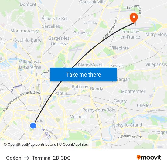 Odéon to Terminal 2D CDG map