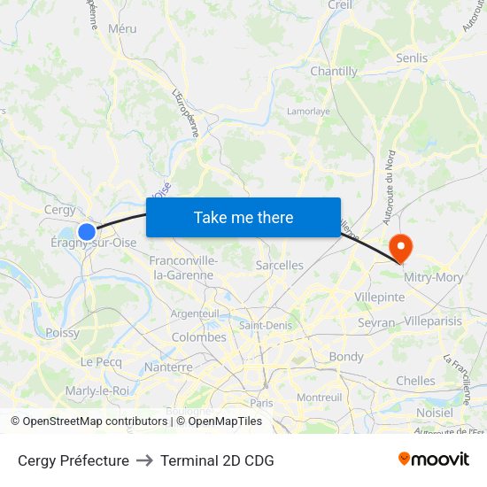 Cergy Préfecture to Terminal 2D CDG map