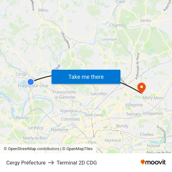 Cergy Préfecture to Terminal 2D CDG map