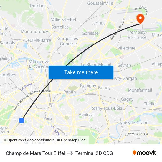 Champ de Mars Tour Eiffel to Terminal 2D CDG map