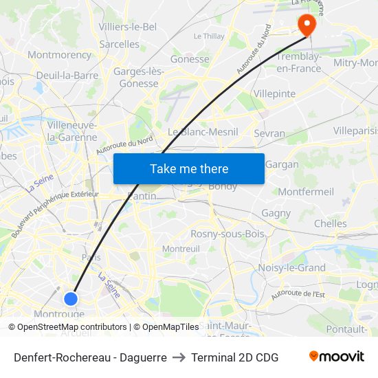 Denfert-Rochereau - Daguerre to Terminal 2D CDG map