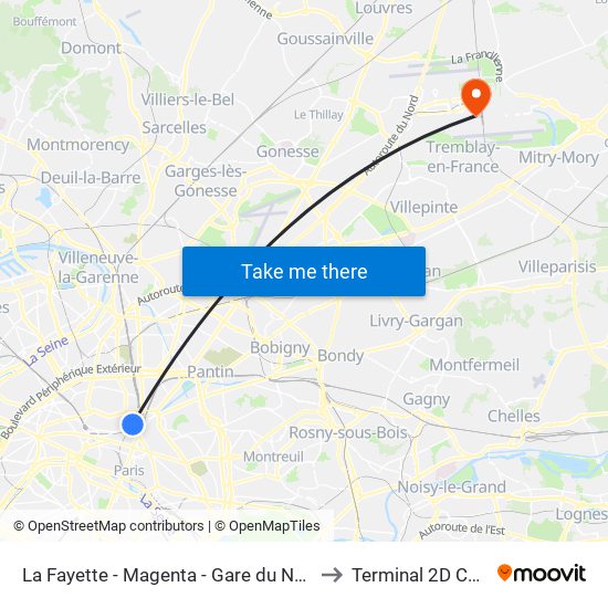La Fayette - Magenta - Gare du Nord to Terminal 2D CDG map
