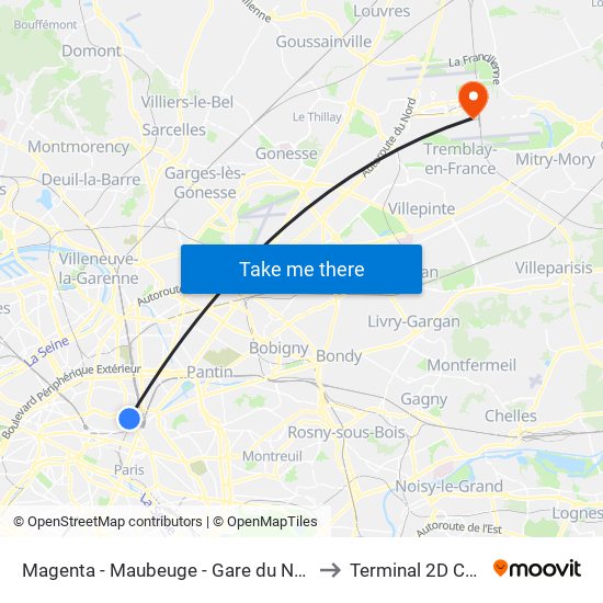 Magenta - Maubeuge - Gare du Nord to Terminal 2D CDG map