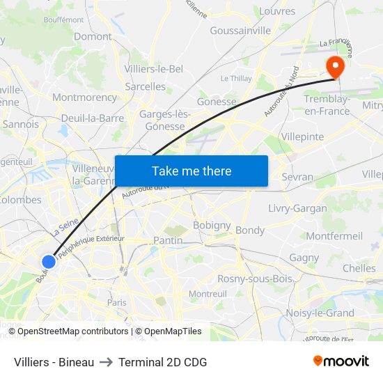 Villiers - Bineau to Terminal 2D CDG map