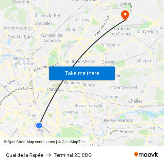 Quai de la Rapée to Terminal 2D CDG map