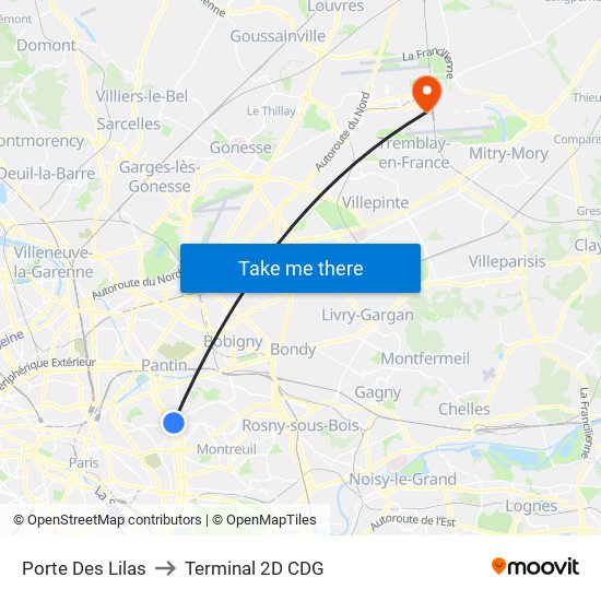 Porte Des Lilas to Terminal 2D CDG map