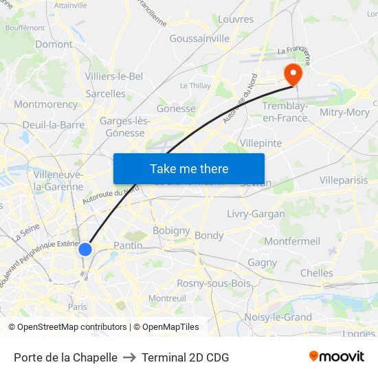 Porte de la Chapelle to Terminal 2D CDG map