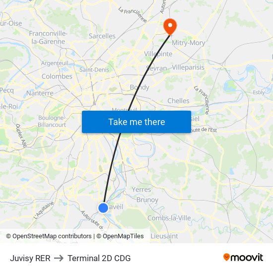 Juvisy RER to Terminal 2D CDG map