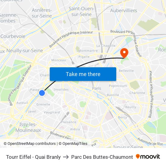 Tourr Eiffel - Quai Branly to Parc Des Buttes-Chaumont map