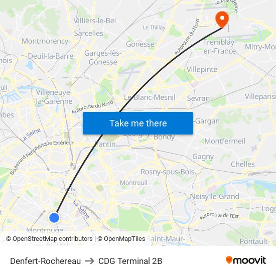Denfert-Rochereau to CDG Terminal 2B map