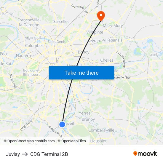 Juvisy to CDG Terminal 2B map