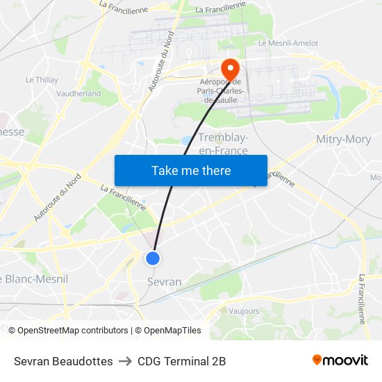 Sevran Beaudottes to CDG Terminal 2B map