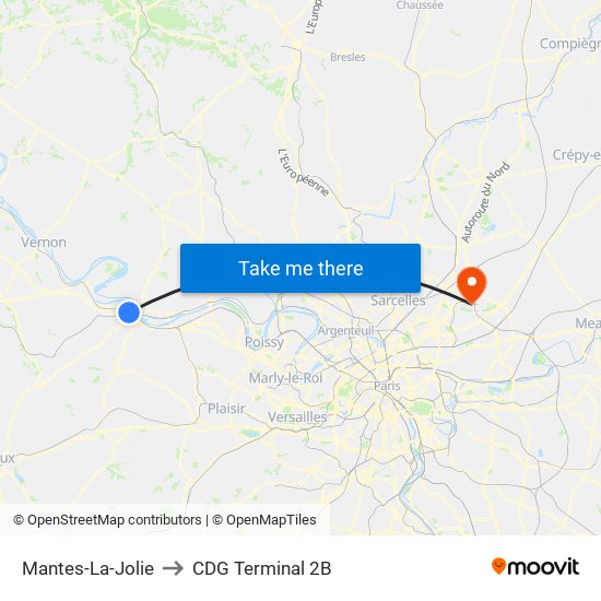 Mantes-La-Jolie to CDG Terminal 2B map