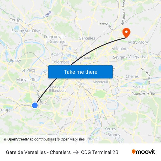 Gare de Versailles - Chantiers to CDG Terminal 2B map