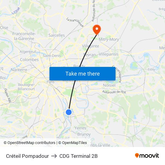 Créteil Pompadour to CDG Terminal 2B map