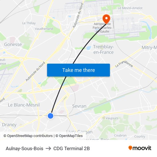 Aulnay-Sous-Bois to CDG Terminal 2B map
