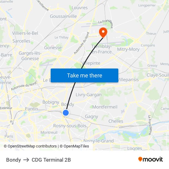 Bondy to CDG Terminal 2B map