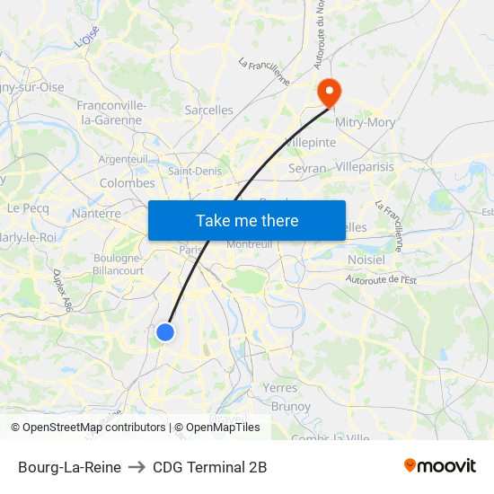 Bourg-La-Reine to CDG Terminal 2B map