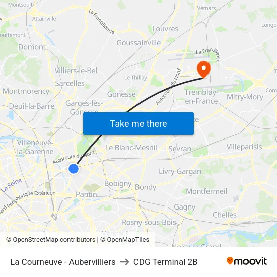 La Courneuve - Aubervilliers to CDG Terminal 2B map