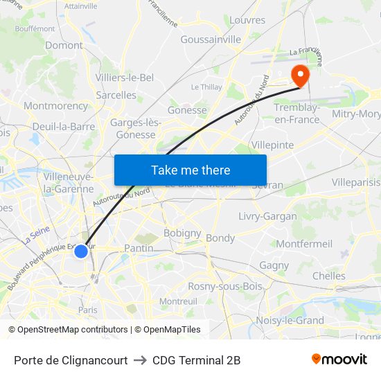 Porte de Clignancourt to CDG Terminal 2B map