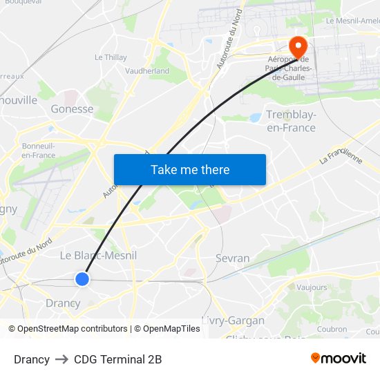 Drancy to CDG Terminal 2B map