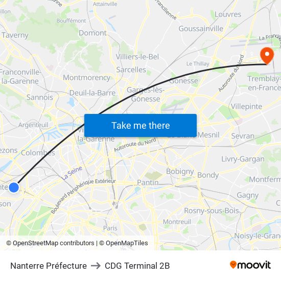 Nanterre Préfecture to CDG Terminal 2B map