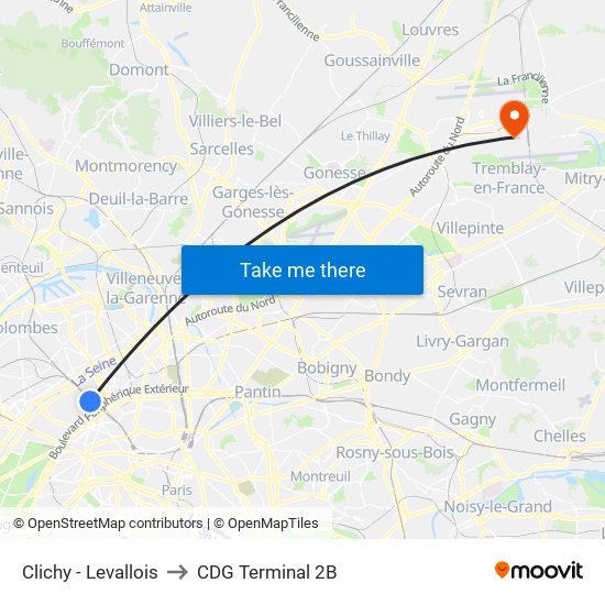 Clichy - Levallois to CDG Terminal 2B map