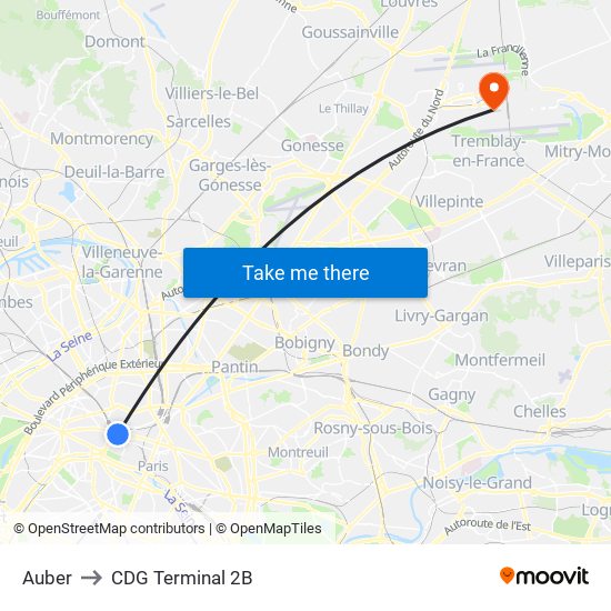 Auber to CDG Terminal 2B map