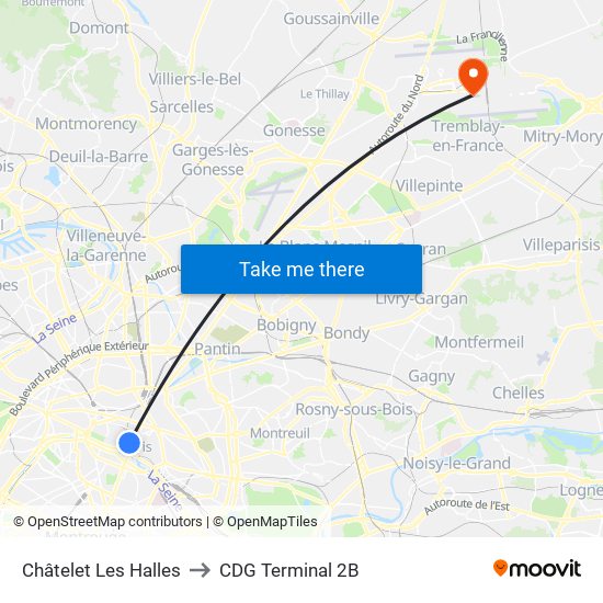 Châtelet Les Halles to CDG Terminal 2B map