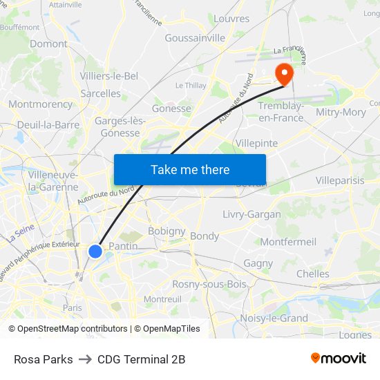 Rosa Parks to CDG Terminal 2B map